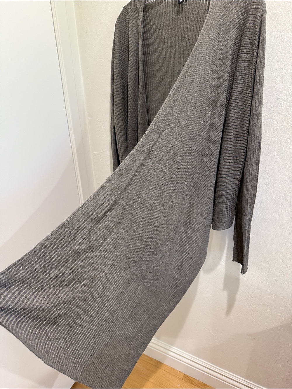 Eileen Fisher Taupe Ribbed Open-Front Draped Cardigan - Picture 4 of 5